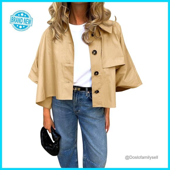 Jackets & Blazers - Oversized Cropped Trench Coat Single Breasted 3/4 Cape Sleeve Chic Outerwear